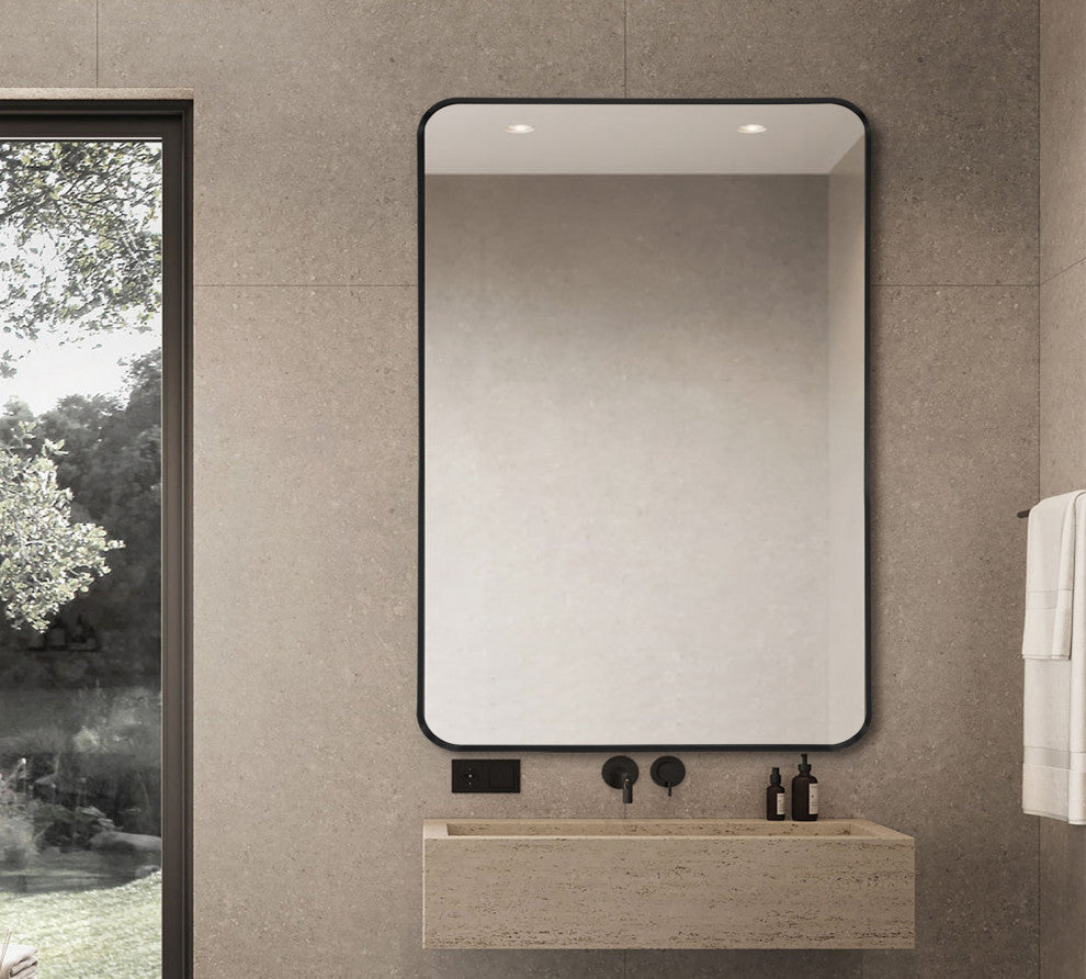 Geneva 23.6 in. x 31.5 Black Rectangular Rounded Framed Bathroom Mirror