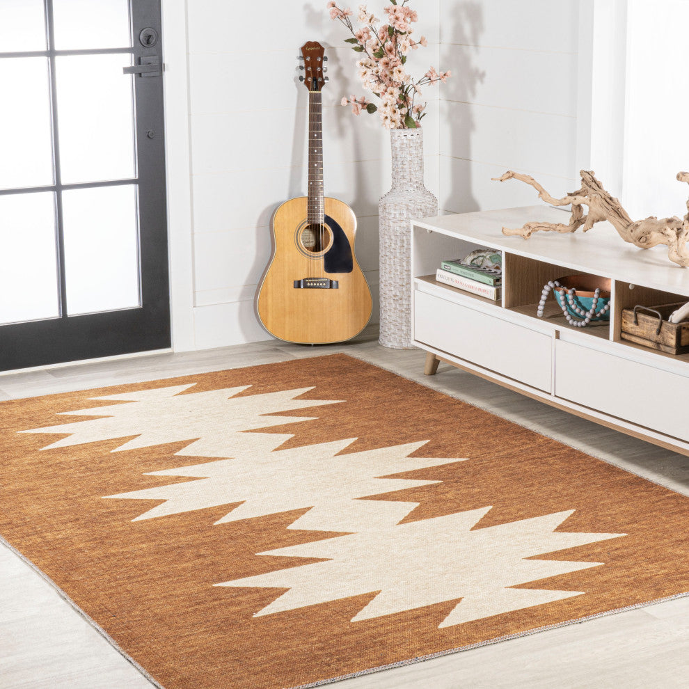 Chayton Minimalist Geometric Machine-Washable Area Rug, Rust/Cream, 5x8