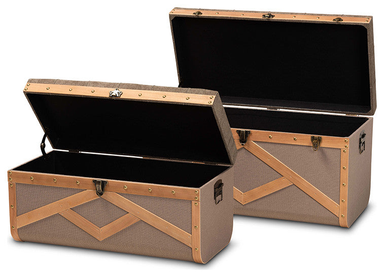 Brown Fabric Upholstered and Walnut Wood 2-Piece Storage Ottoman Trunk Set