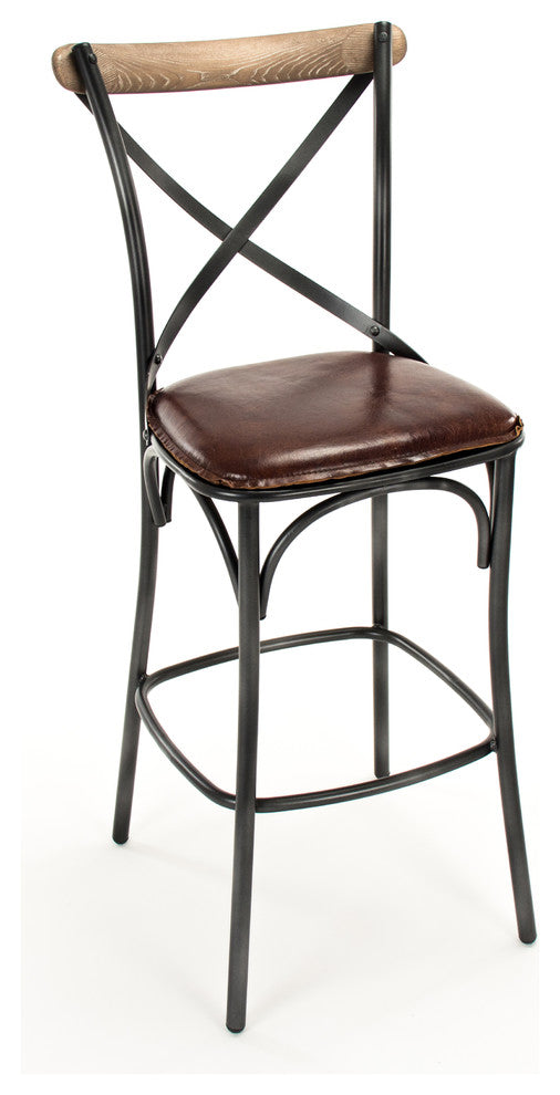 Zain Bar Stool, Black Frame, Antique Black, Brown Leather