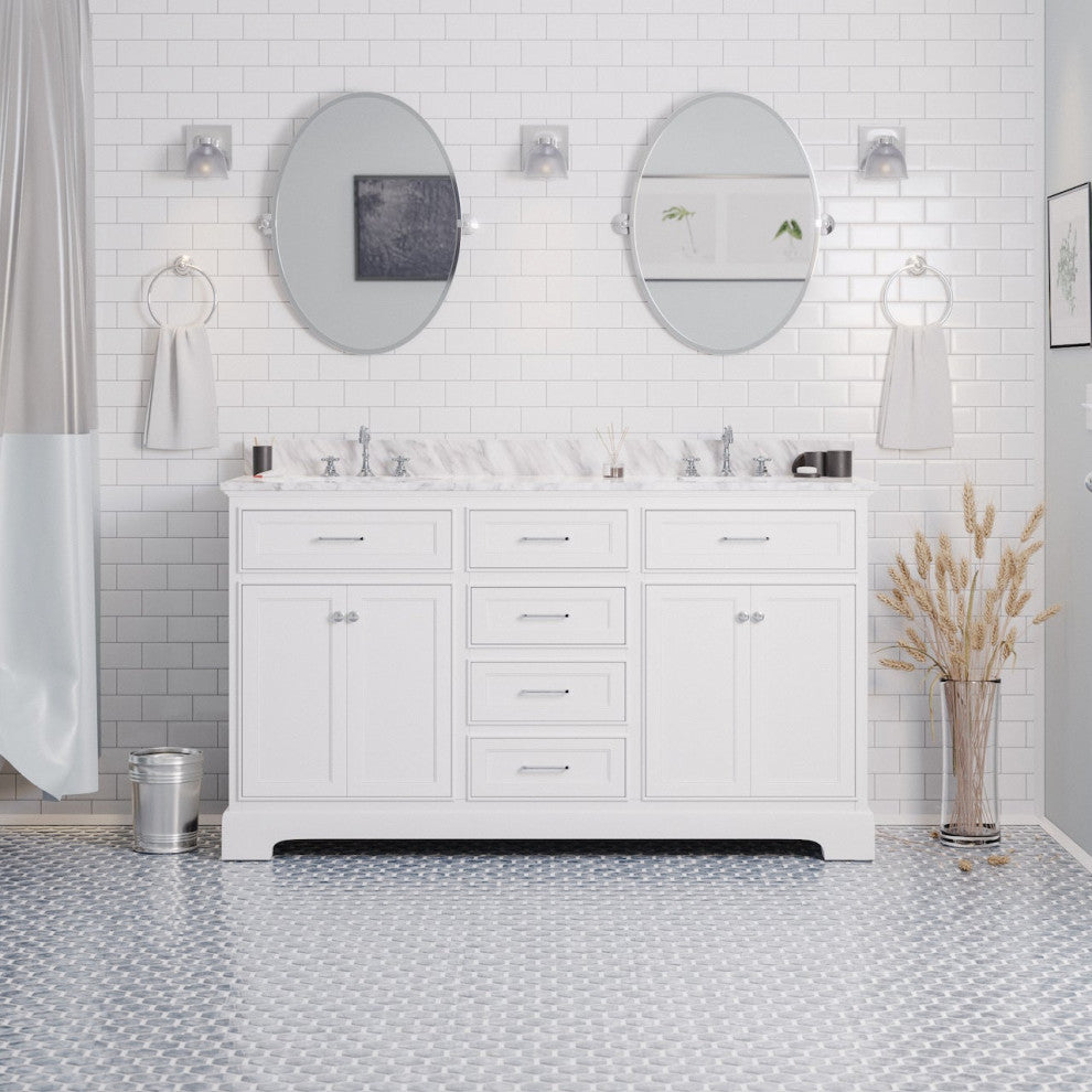 Aria 60" Bathroom Vanity, White, Carrara Marble, Double Vanity