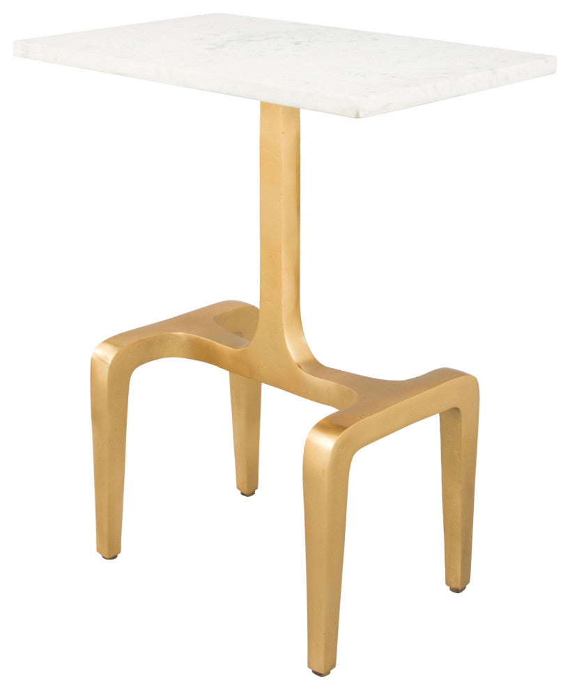 Sofa Side Table, Rectangular, Artificial Marble, Aluminum Metal, White, Gold