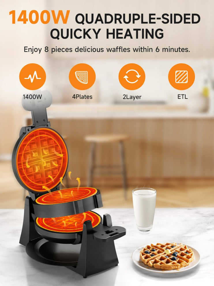 Waffle Maker, 1400W Double Belgian Waffle Iron 180Â° Flip, 8 Slices, Rotating.