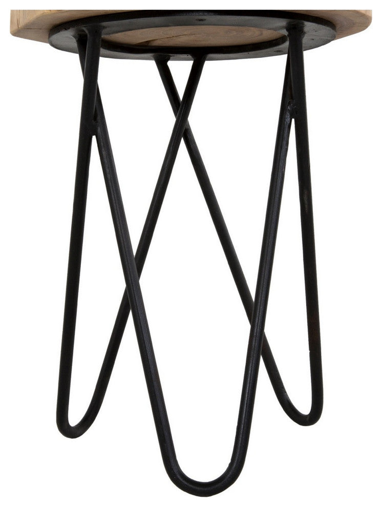 Benzara BM286410 Side Table, Wood Tabletop, Hairpin Style Iron Legs, Brown