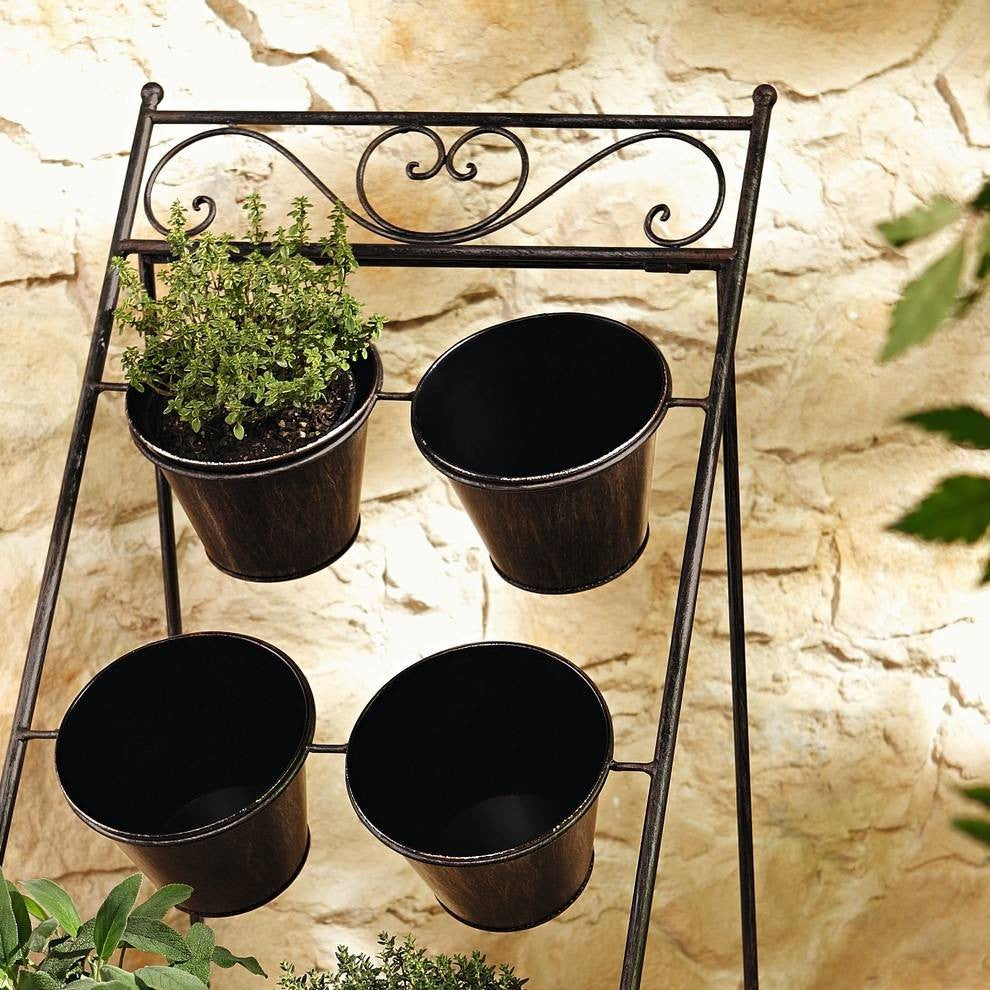 35" Tall Foldable Metal Planter Stand "Povencal" With 6 Metal Pots