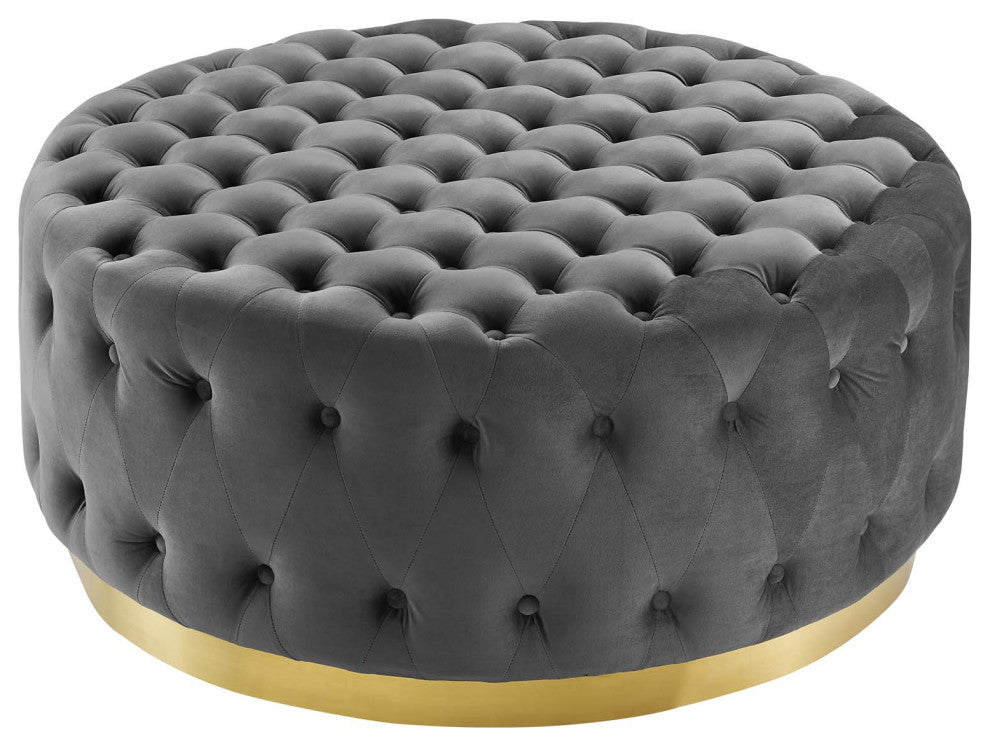 Tufted Accent Chair Ottoman, Round, Velvet, Gray, Modern, Lounge