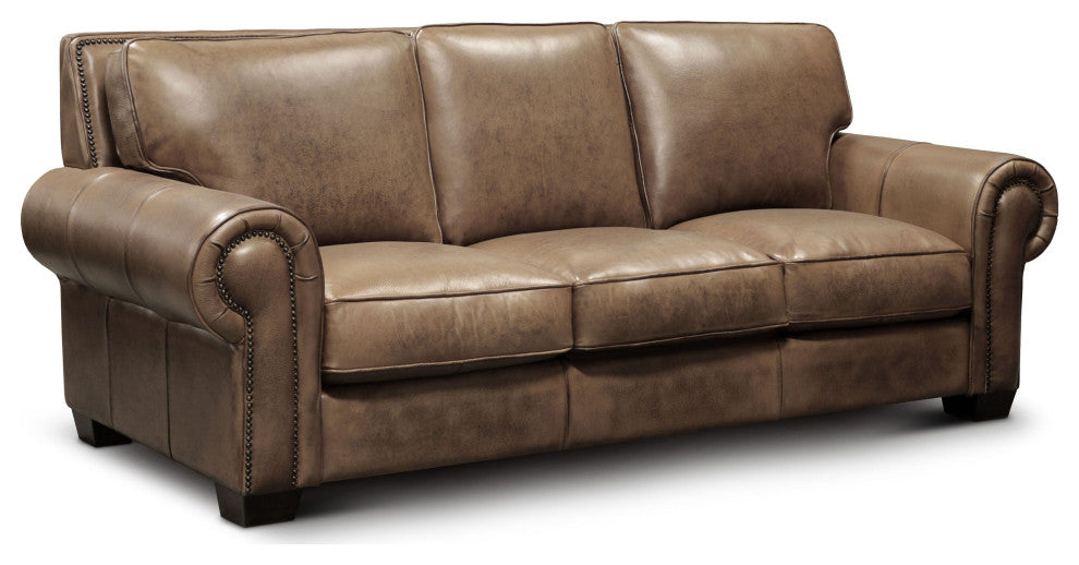 Valencia 100% Top Grain Hand Antiqued Leather Traditional Sofa, Taupe