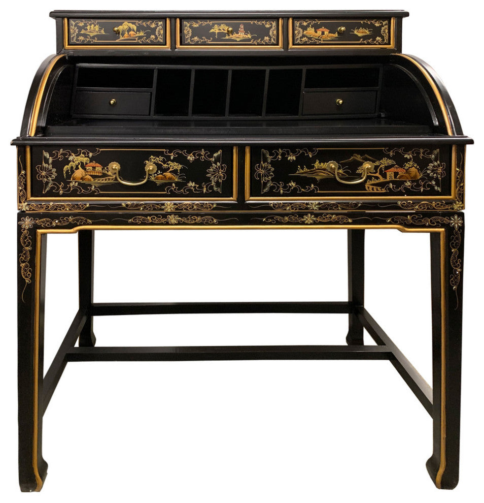 37" Wide Shiny Black Oriental Lacquerware Roll Top Desk