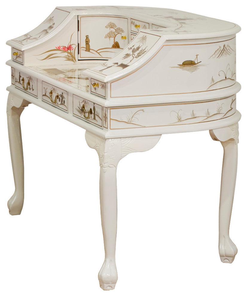 White Lacquer Chinoiserie Harpsichord Style Oriental Desk Set