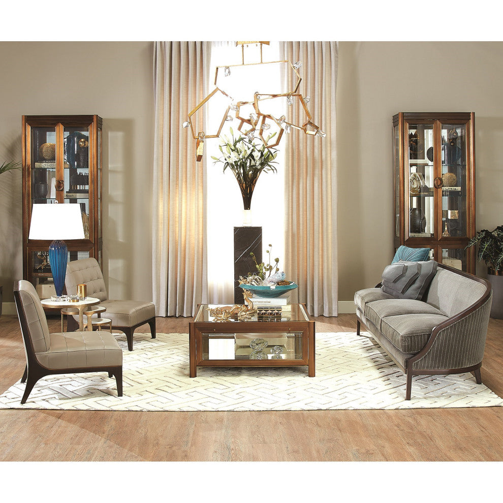 Elegant Pinstripe Gray 3 Seat Sofa Exposed Wood Velvet Curved Back Contemporary