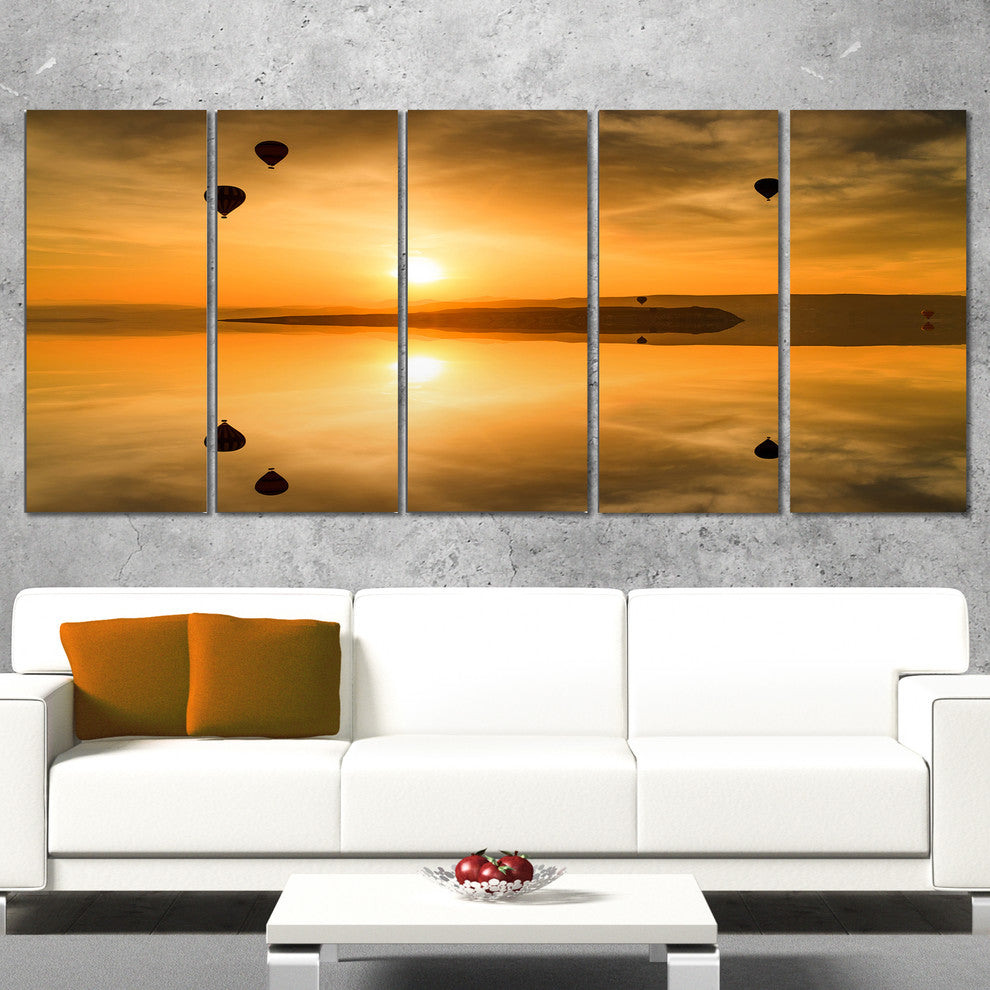 Flying Balloons and Reflection, Large Seashore Canvas Print, 60"x28", 5 Panels