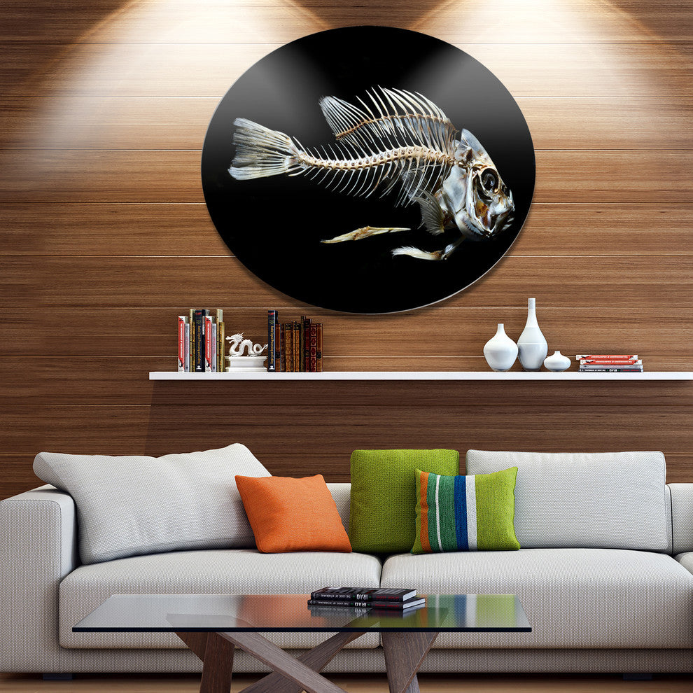 Fish Skeleton Bone On Black, Animal Disc Metal Artwork, 23"