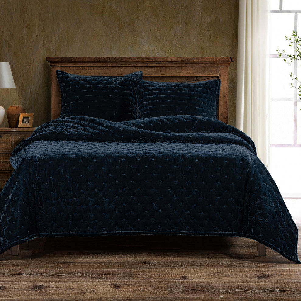 3-Piece HiEnd Accents Stella Faux Silk Velvet Quilt Set, Midnight Blue, King