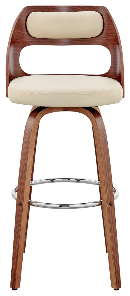 Julius Faux Leather and Wood Bar Stool, Cream and Walnut, 26"