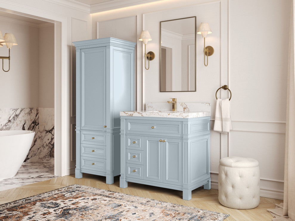 Paris 36" Center Sink Bathroom Vanity, Blue Heather 2" Calacatta Nuvo