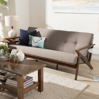 Bianca Mid-Century Walnut Wood Light Gray Fabric Tufted 3-Seater Sofa