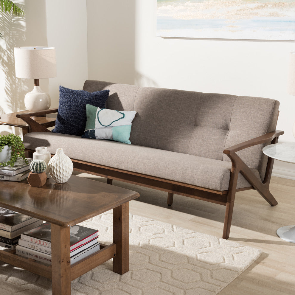 Bianca Mid-Century Walnut Wood Light Gray Fabric Tufted 3-Seater Sofa