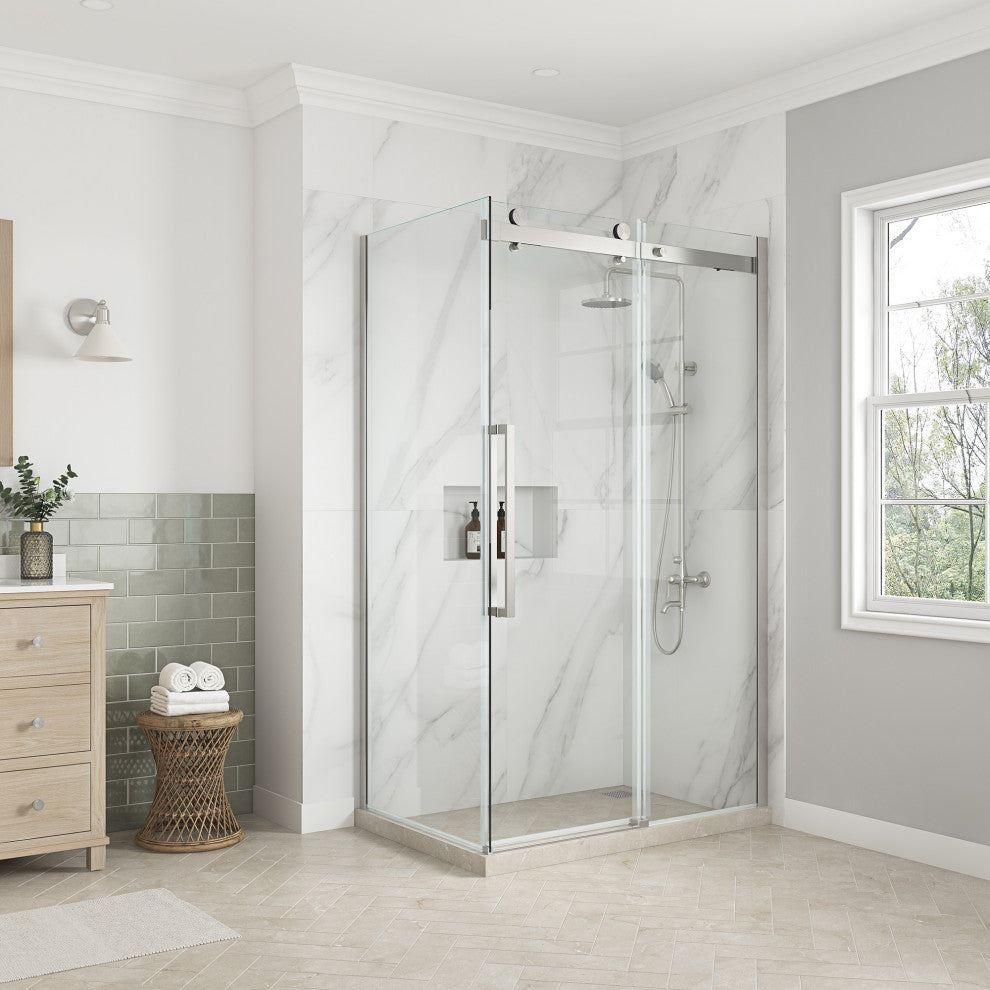 Bel Soft-Close Satin Nickel 48" Frameless Sliding Soft Close Shower Door