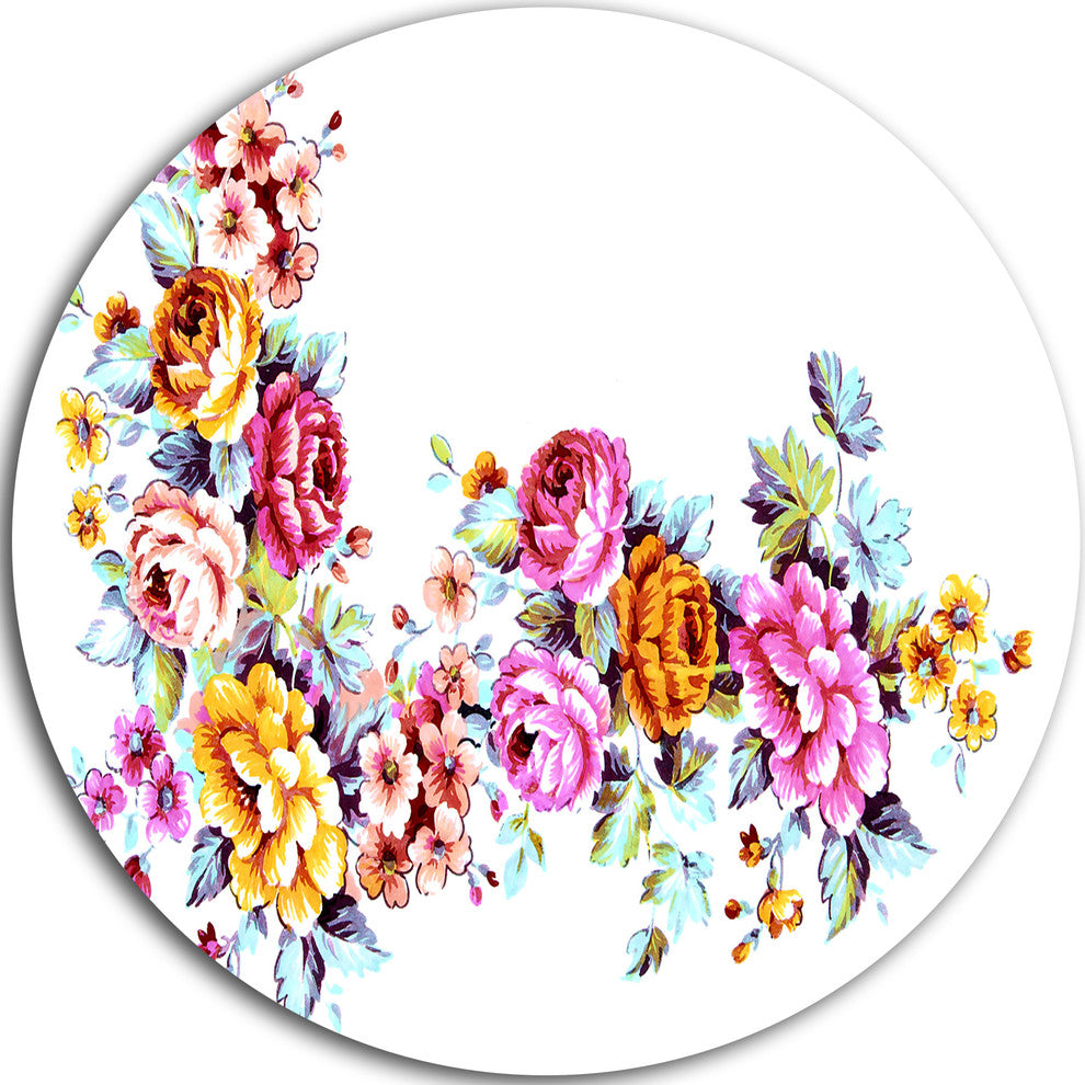 Yellow And Pink Flowers, Modern Floral Art Round Metal Wall Art, 38"