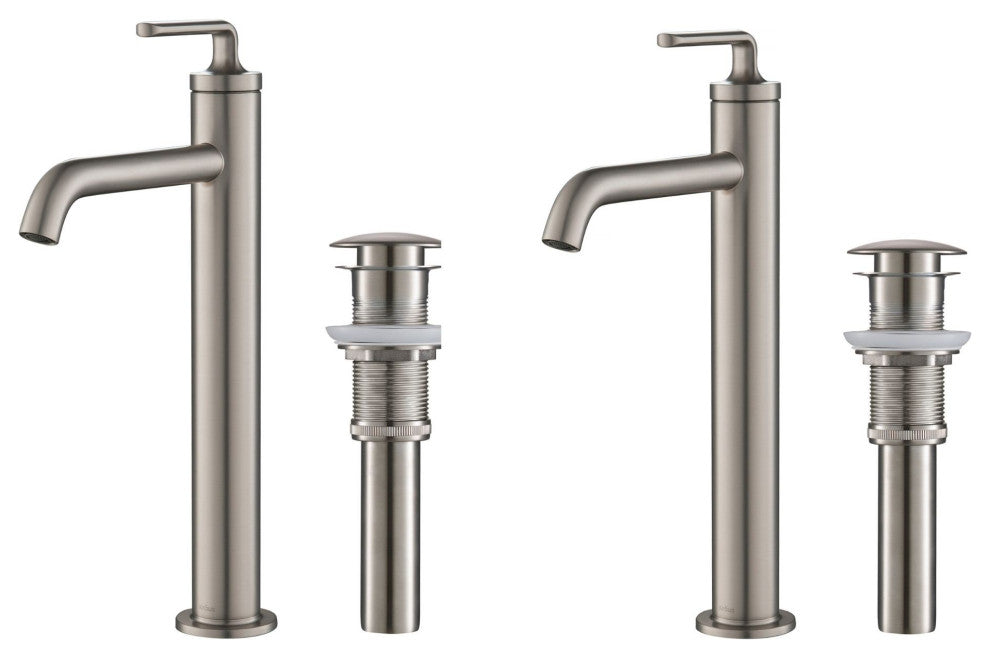 Kraus Ramus Single Handle Vessel Faucet, Pop Up Drain, Spot Free Steel, Set of 2
