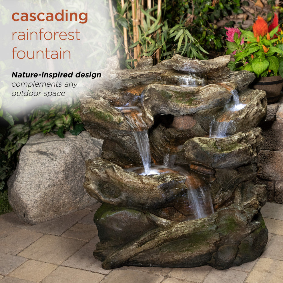 Alpine Rainforest Tiered Fountain With LED Lights, 31" Tall