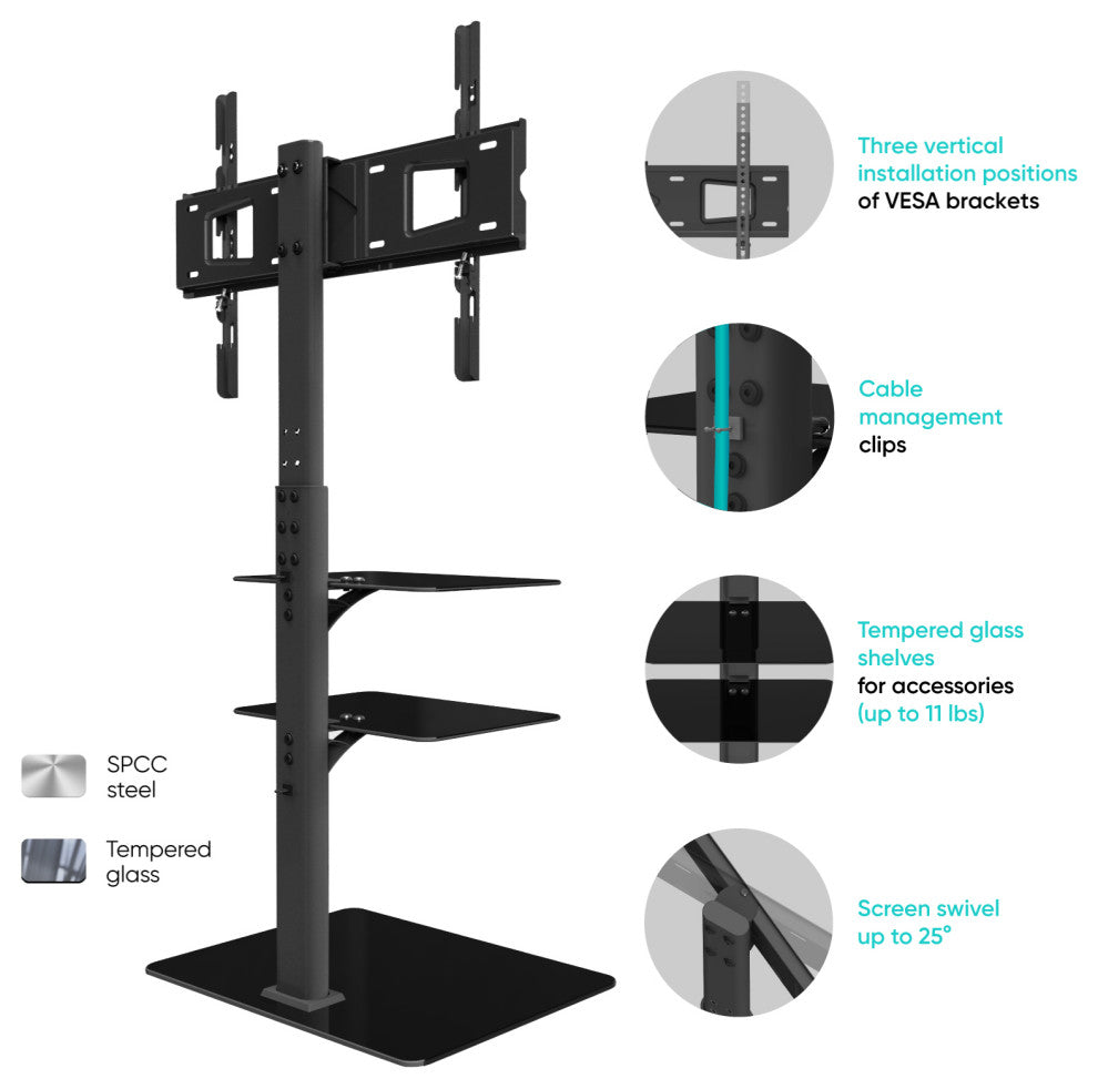 ONKRON Swivel Floor TV Stand for 32"-65" TVs up to 66 lbs Glass shelves and base