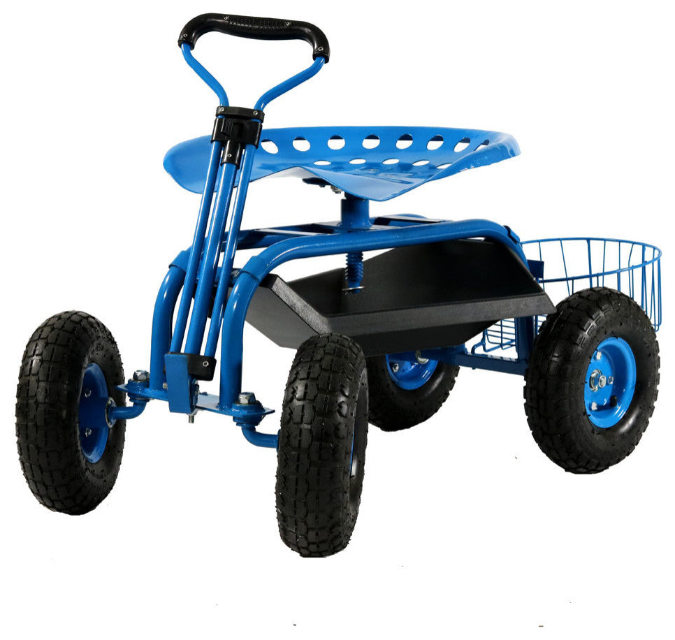 Sunnydaze Rolling Garden Cart With Steering Handle, Seat and Tray, Blue