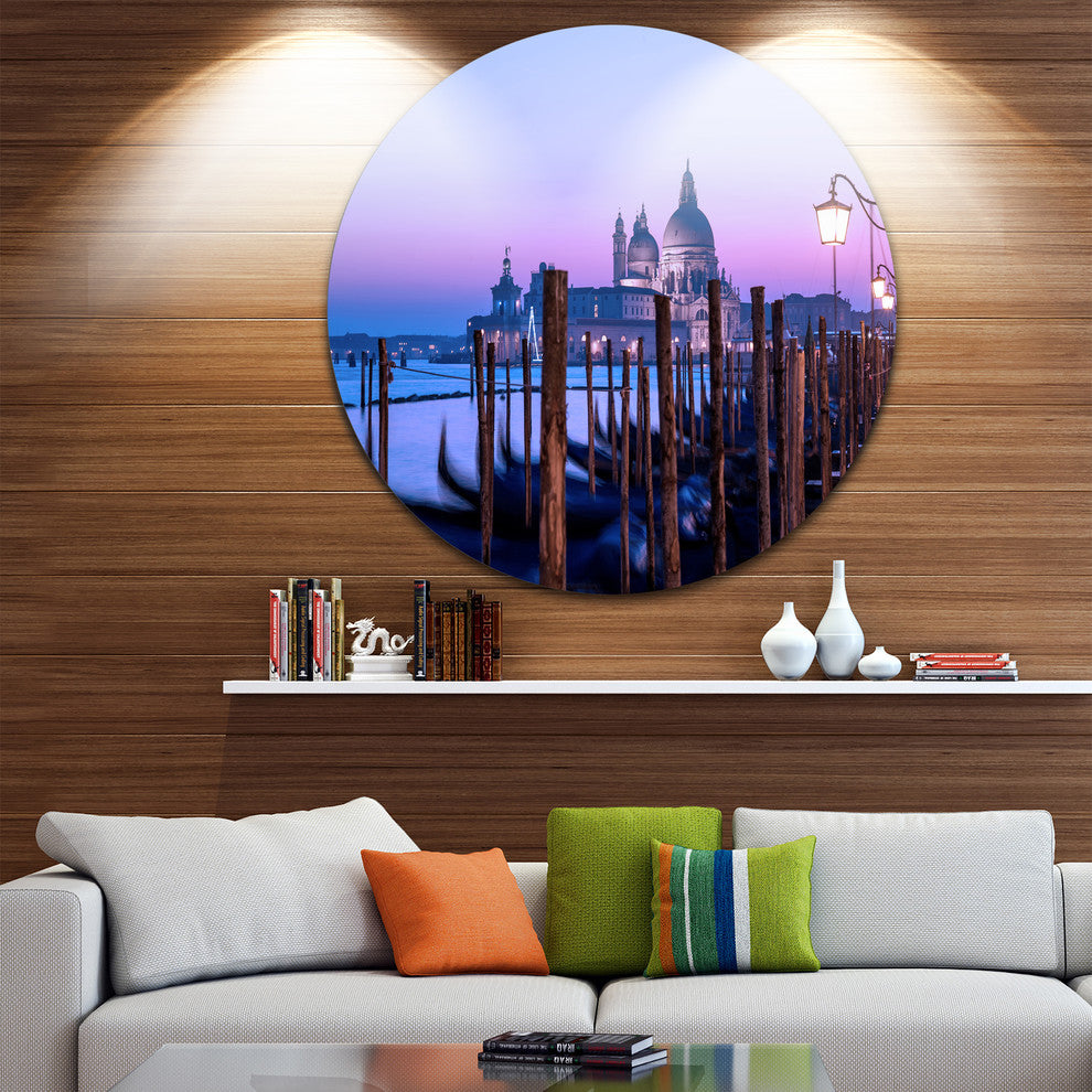 Venice Sunset Panorama At Twilight, Seascape Round Metal Wall Art, 11"