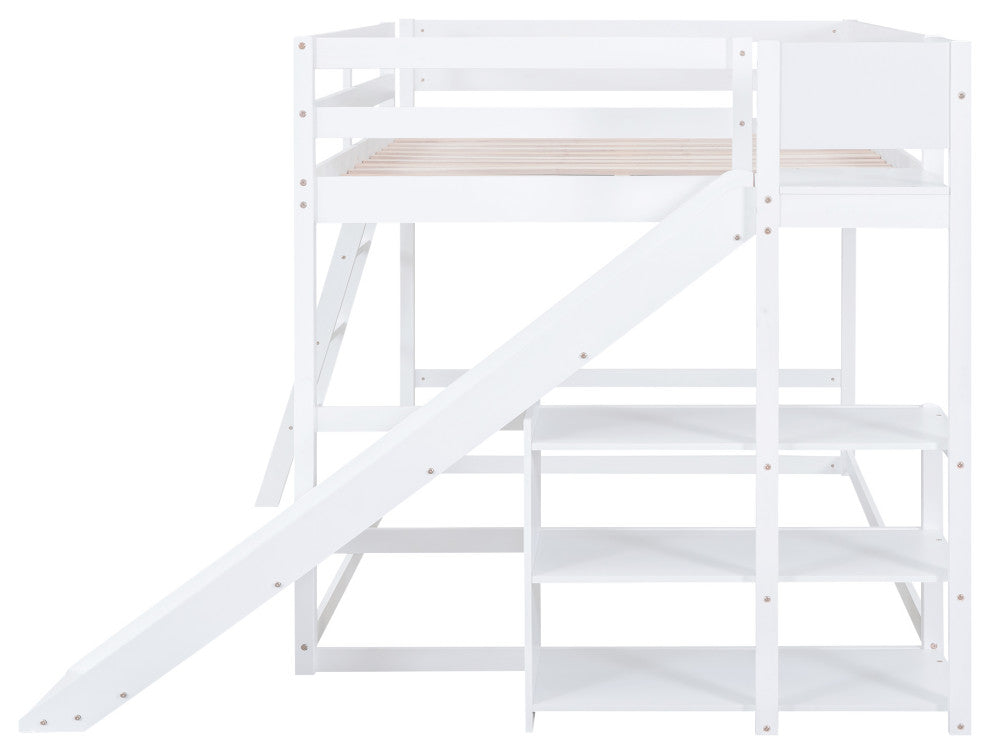 Gewnee Wood Full Over Full Bunk Bed with Ladder, Slide and Shelves in White