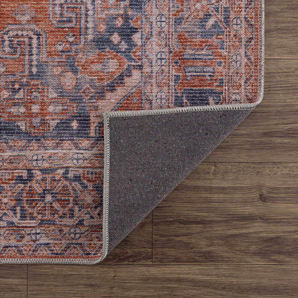 Hauteloom Burnt Orange Taber Medallion Washable Area Rug, Blue/Burnt Orange/Pale Blue, 9'2"x12'