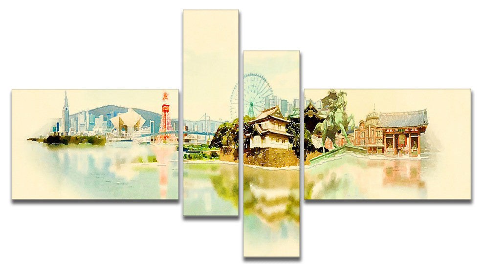 Tokyo Panoramic View, Cityscape Watercolor Canvas Print, 60"x32", 4 panels