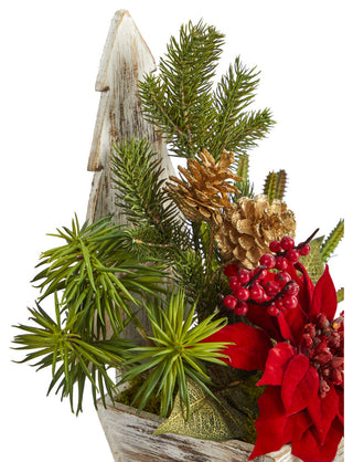 15" Poinsettia, Cactus and Succulent Faux Arrangement, Christmas Tree Planter
