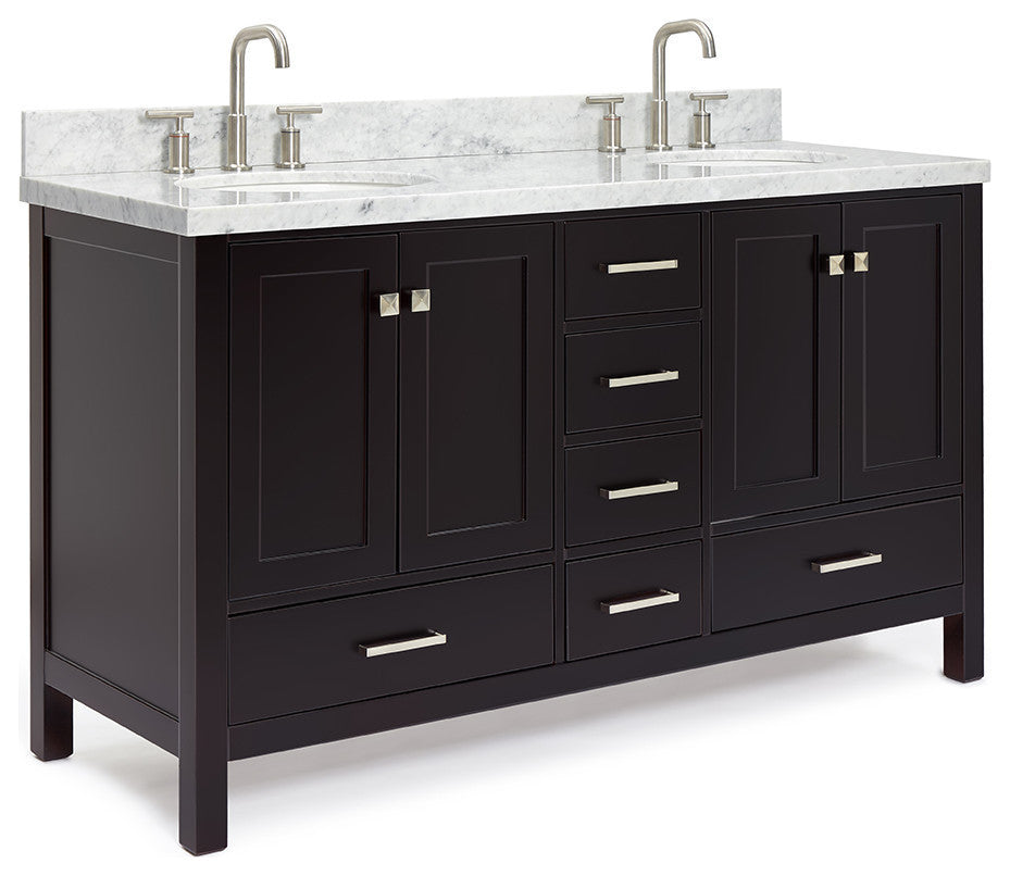 ARIEL Cambridge 61" Double Oval Sink Bathroom Vanity Espresso With Marble Top