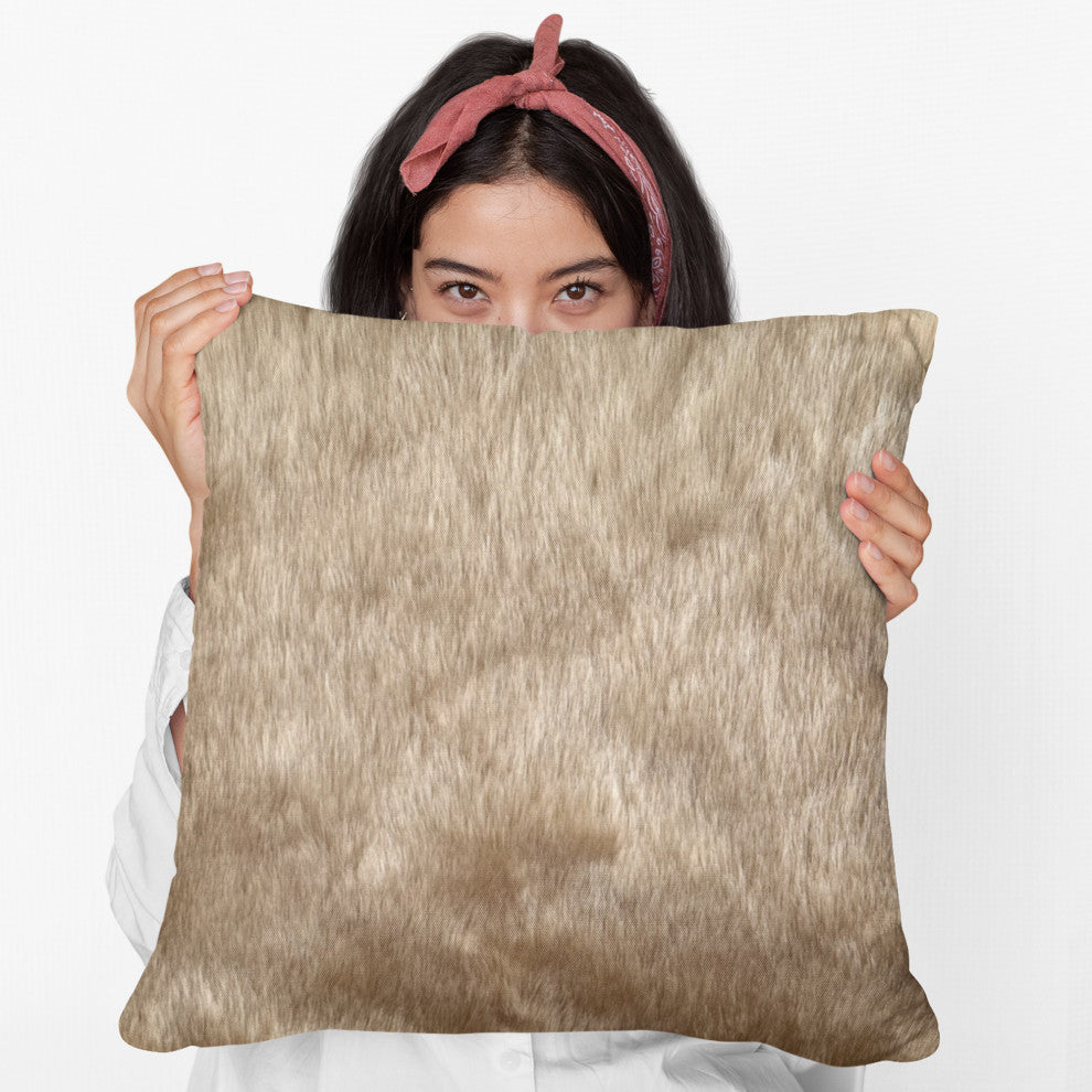 Plutus Brown Gold Rabbit Faux Fur Luxury Throw Pillow, Brown Gold, 22" x 22"
