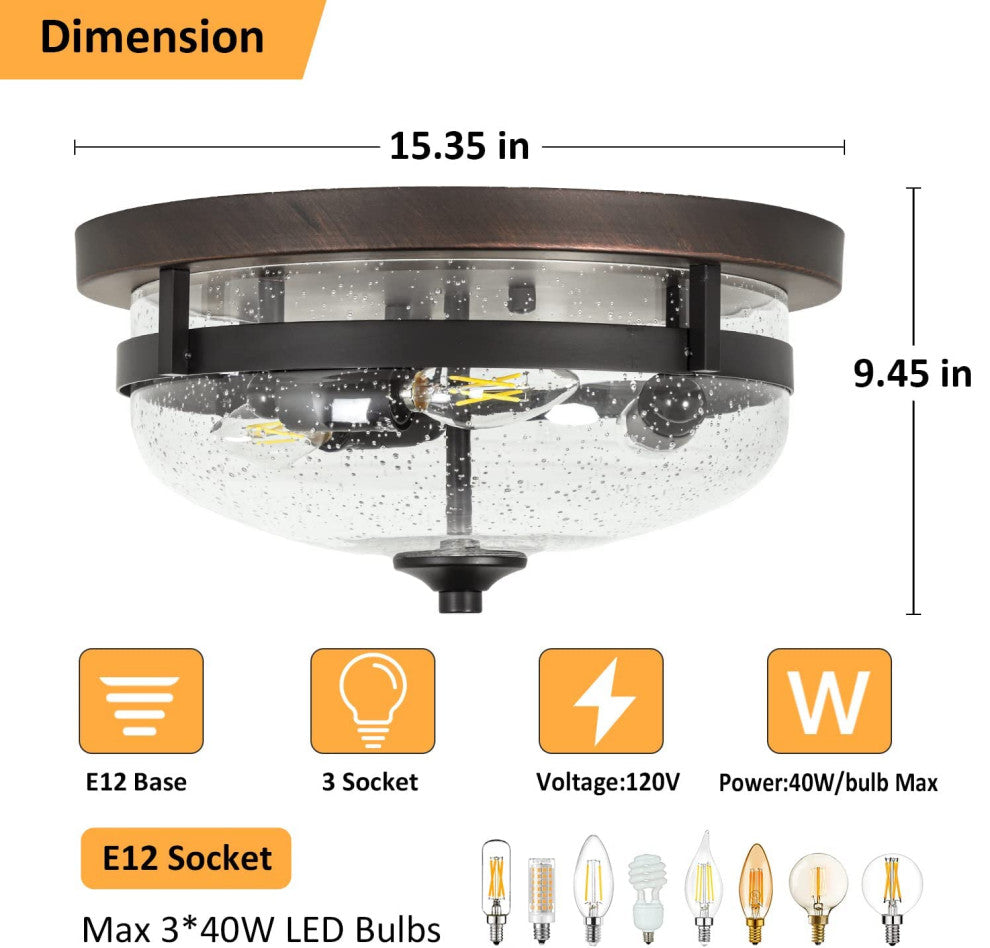 3 Light Industrial Flush Mount Ceiling Light Farmhouse, Glass