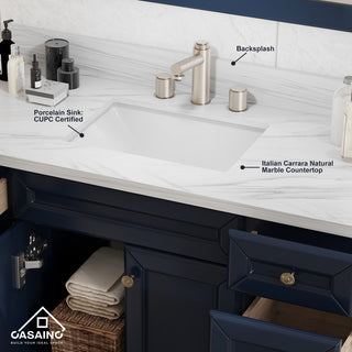 Solid Wood Bath Vanity in Navyblue with White Natural Marble Top and Mirror, 48in