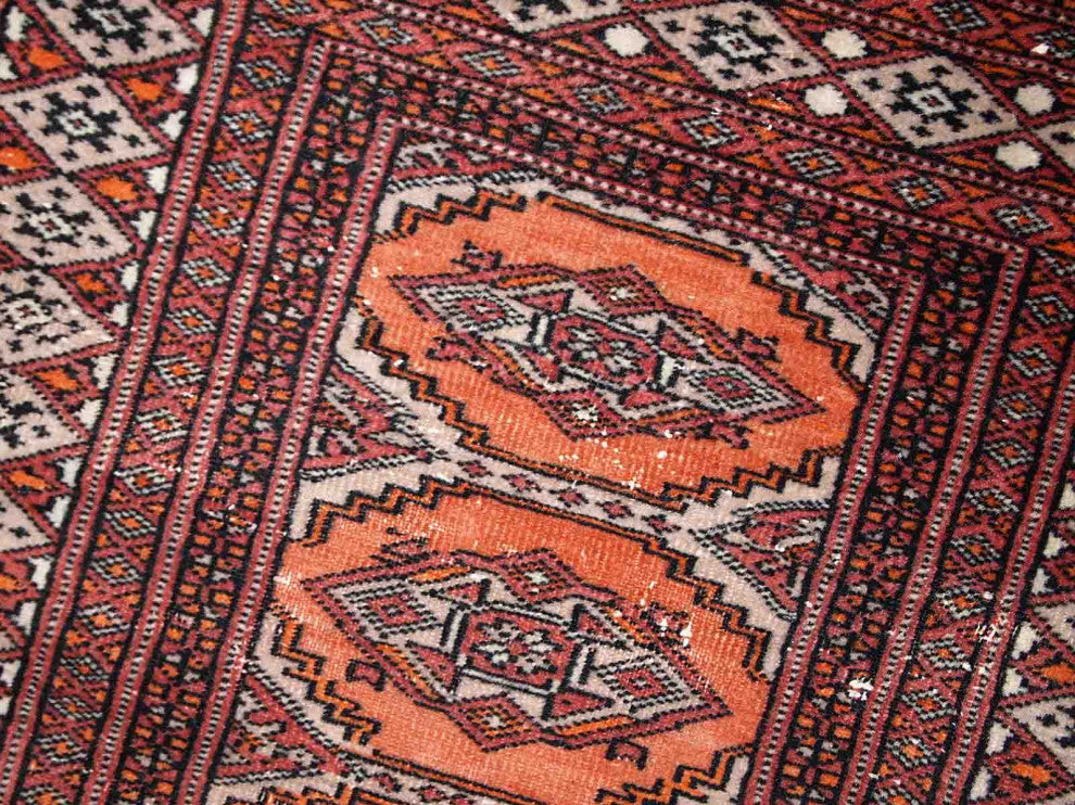 Handmade Vintage Uzbek Bukhara distressed Rug, 2.4'x4.3', 75cmx132cm 1960s