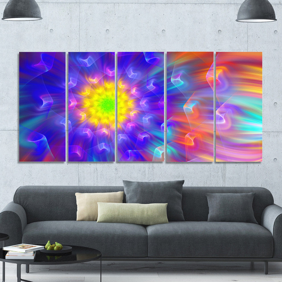 Bright Blue Fractal Petals Dandelion, Floral Canvas Art Print, 60"x28", 5 Panels