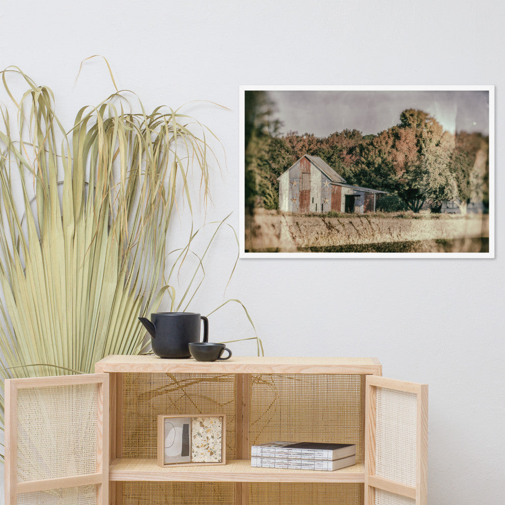 Patriotic Weathered Barn in Field Glass Plate Framed Photo Paper Wall Art Prints, White, 24" X 36"