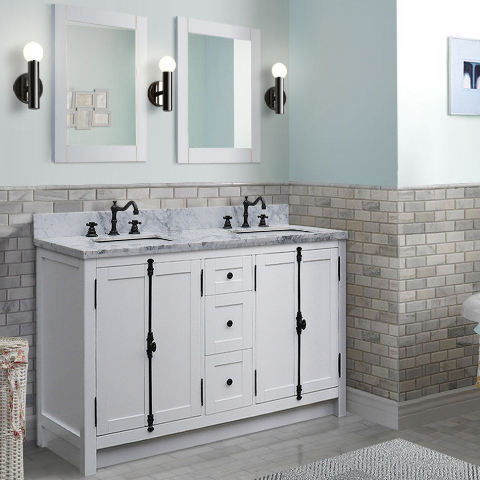 55" Double Vanity Glacier Ash With White Carrara Marble, Mirrors, Rectangle Sink