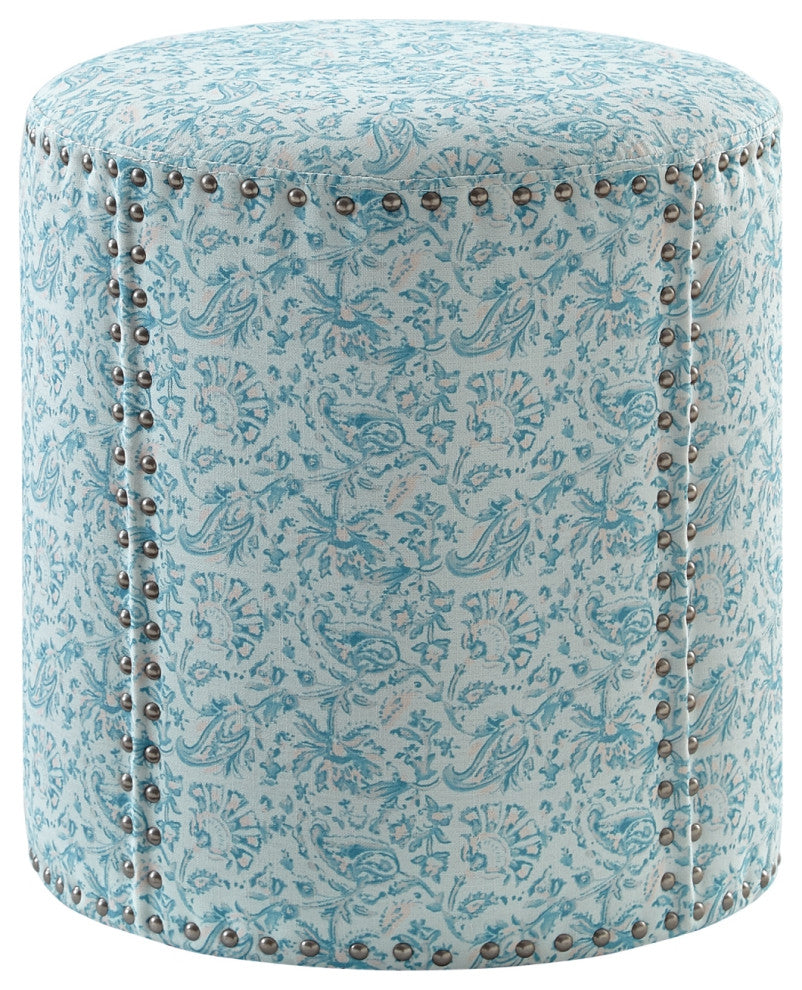 Rustic Manor Brookelynn Ottoman, Upholstered, Linen, Indes Blue Ground