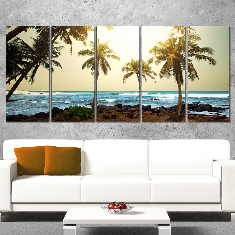 Rocky Tropical Beach with Palms, Seashore Canvas Art Print, 60"x28", 5 Panels