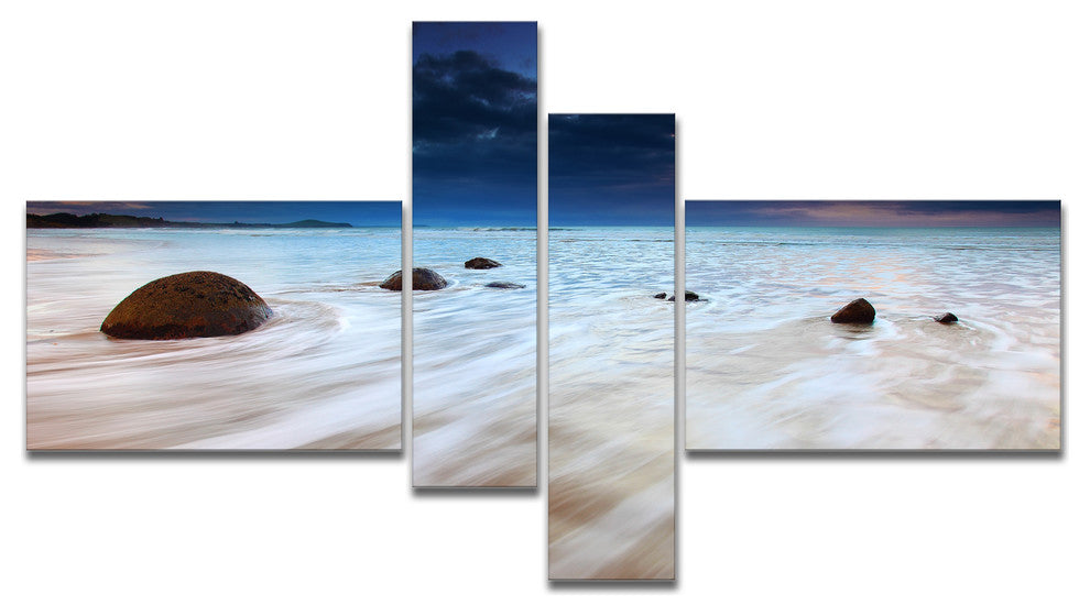 Waves Flowing Over Boulders, Seashore Photo Canvas Art Print, 60"x32", 4 panels