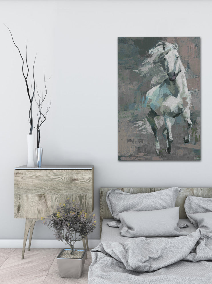 "Running White Horse" Painting Print on Wrapped Canvas, 40"x60"