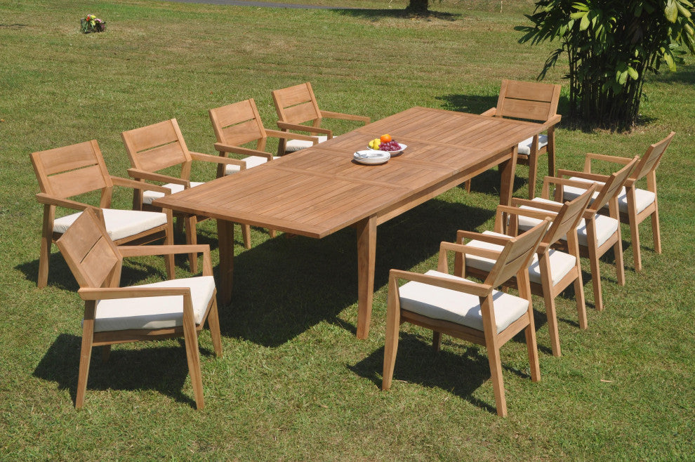 11-Piece Outdoor Teak Dining 122" X-Large Rectangle Table 10 Celo Stacking Chair