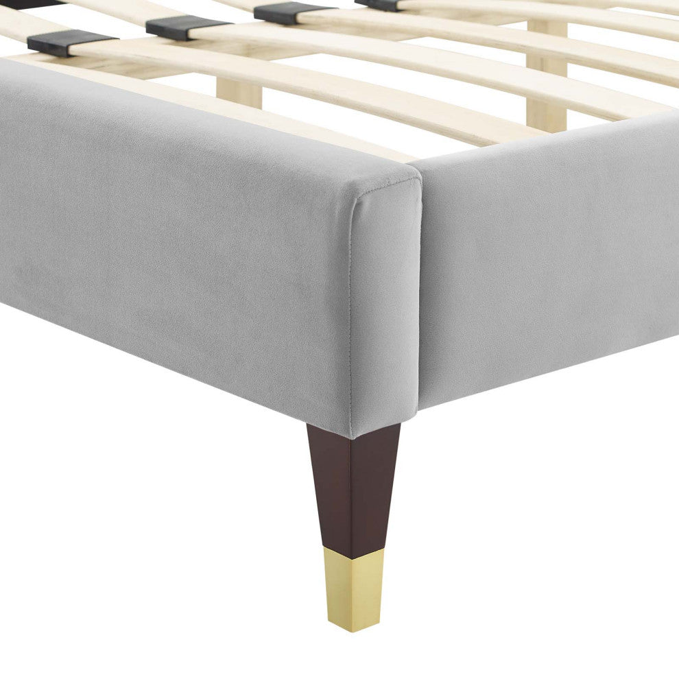 Platform Bed Frame, Twin Size, Velvet, Light Grey Gray, Modern Contemporary