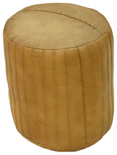Poufs-Solid Handmade Goat Leather Pouf, Recycled Cotton Fill, Beige, Round, 16x16x16