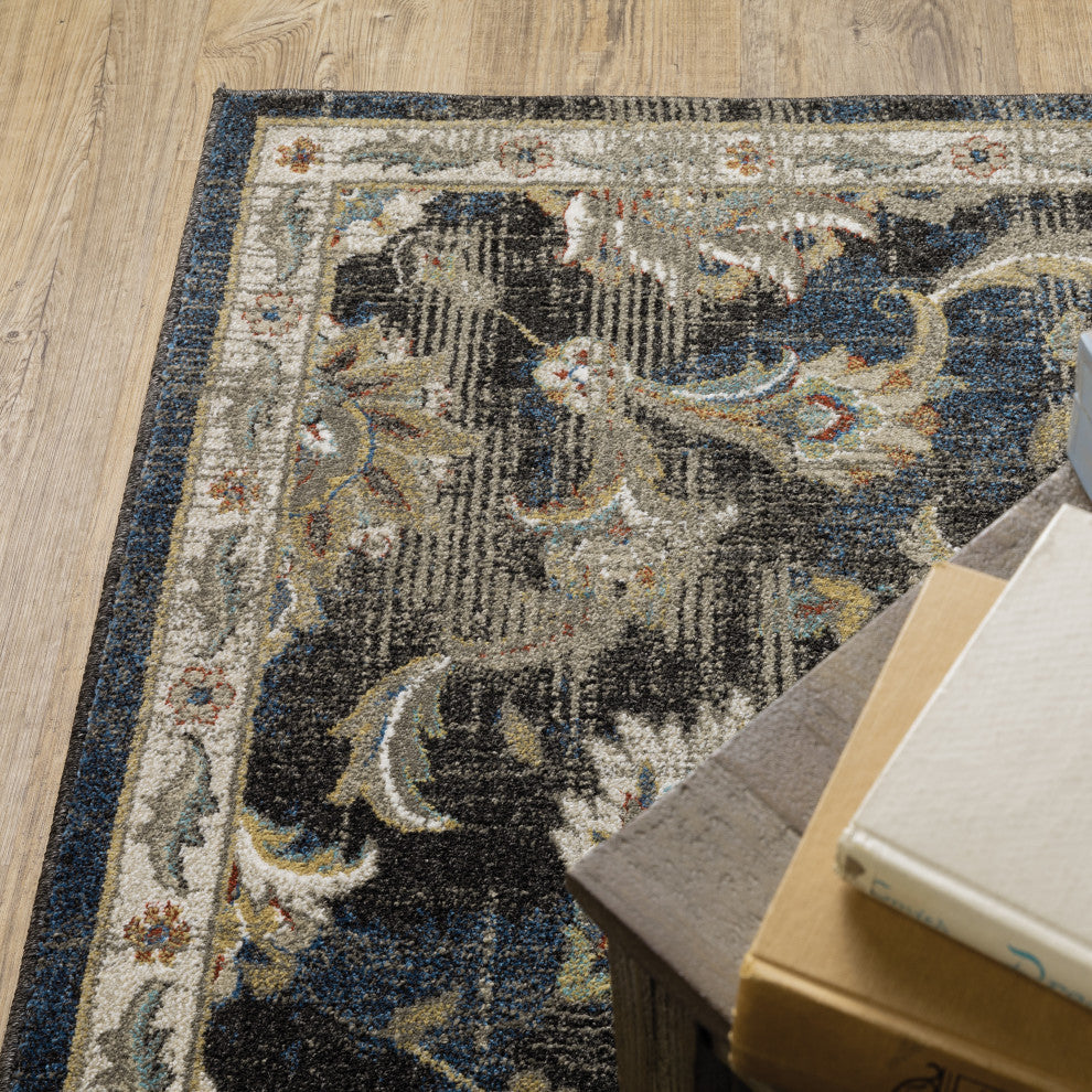 Vander Traditional Oriental Power-Loomed Area Rug, Charcoal/Blue, 2'3"x7'6"