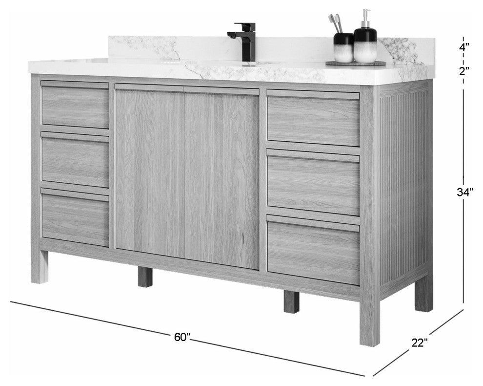 Elizabeth Oak 60" Single Sink Vanity, White 1.5" White Quartz