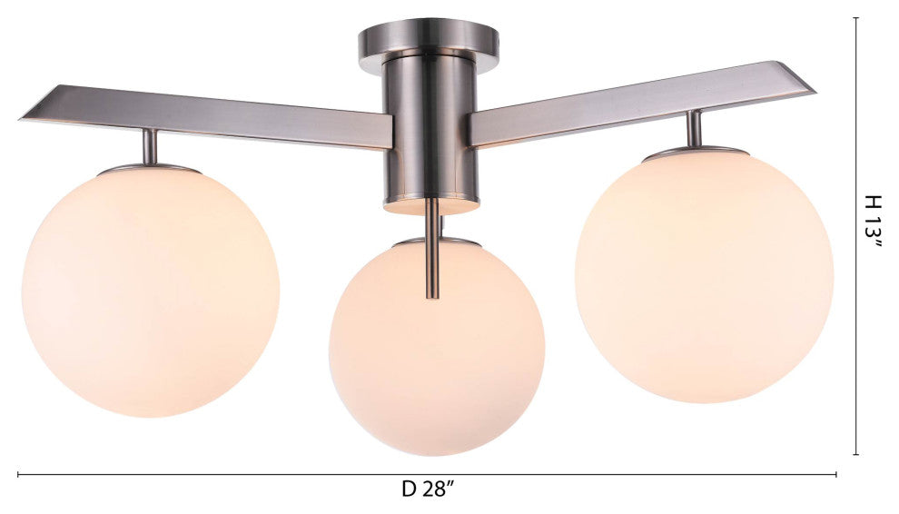 Flush Mount With Milk White Glass Globes, Shiny Nickel
